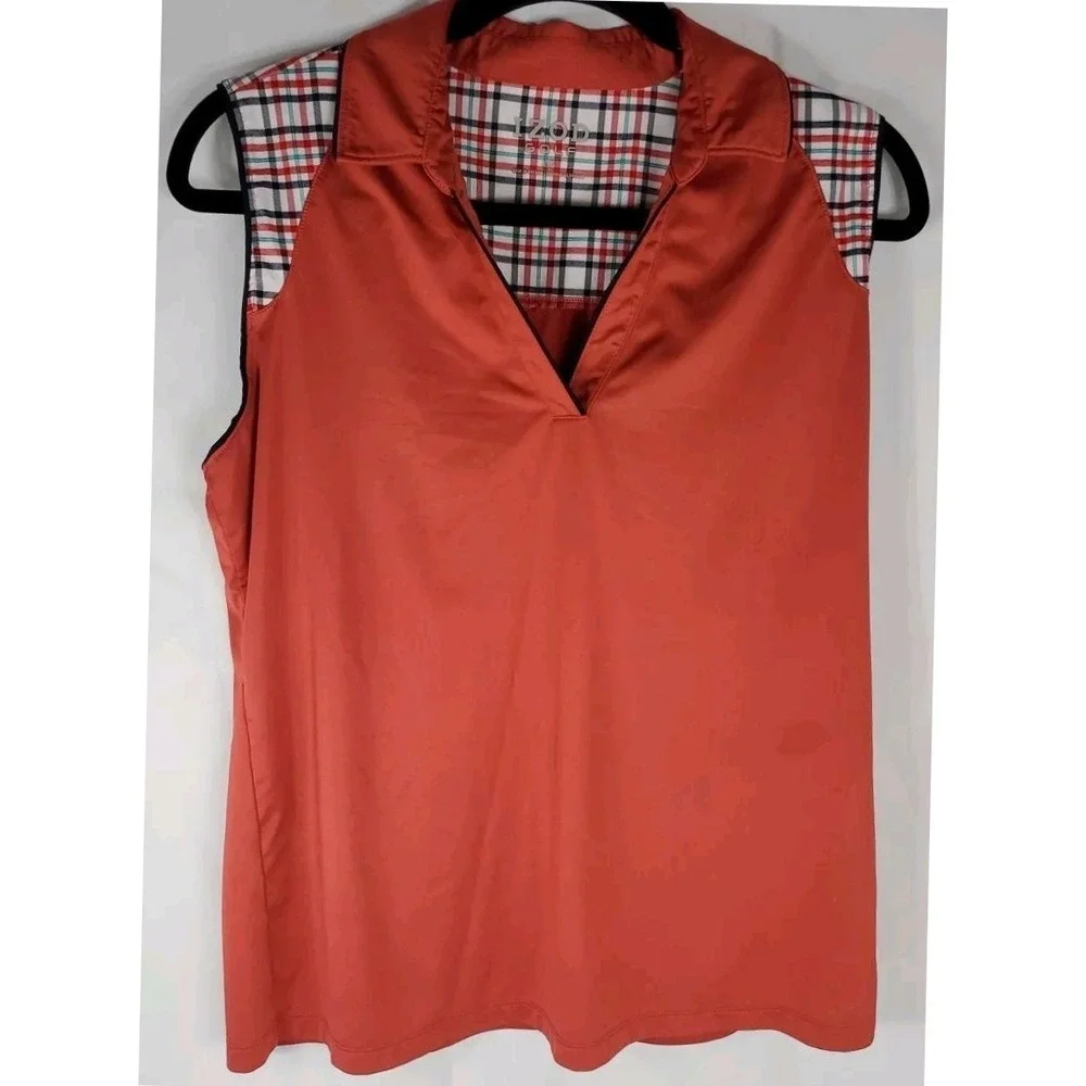 IZOD Golf Womens L Sleeveless Polo Shirt Plaid Trim V Neck Performance‎ Orange